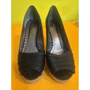 Nordstrom Boutique Womens Satin Peep Toe Wedge Shoes Black w/ Cork Sołes Size 7M